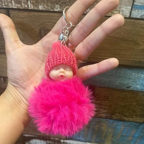 ASHMEN Soft Toys Cute Sleeping Baby Doll Key Chain | Fluffy Fur Pompom Keychain Car Bag Pendants Keyring key holder | Key Chain for Girls| Gift for Girl Women (Multi-Color) (Pack of 1) - Image 1