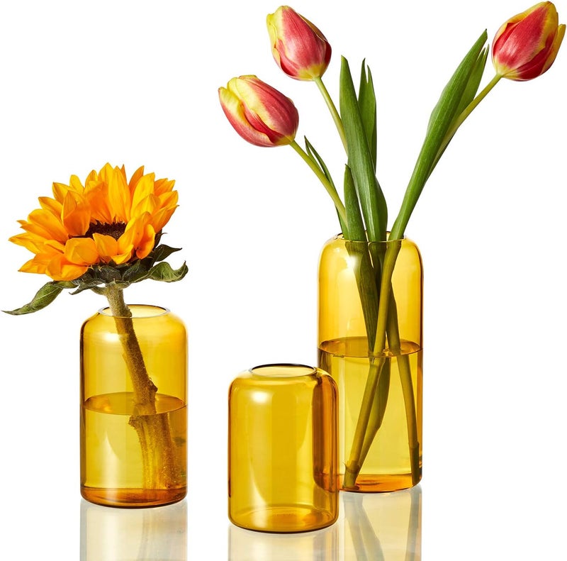 Zens Glass Bud Vase Set of 3, Hand Blown Small Amber Bud Vases for Flower Decorative, Modern Cylinder Clear Glass Vase for Wedding,Living Room Home Décor - Image 1