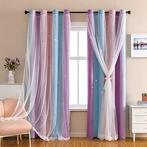 XiDi Dream Star Blackout Curtains for Kids Rooms Girl Princess Curtain for Daughter Bedroom Window (Pink Purple, W52 X L63) - Image 1