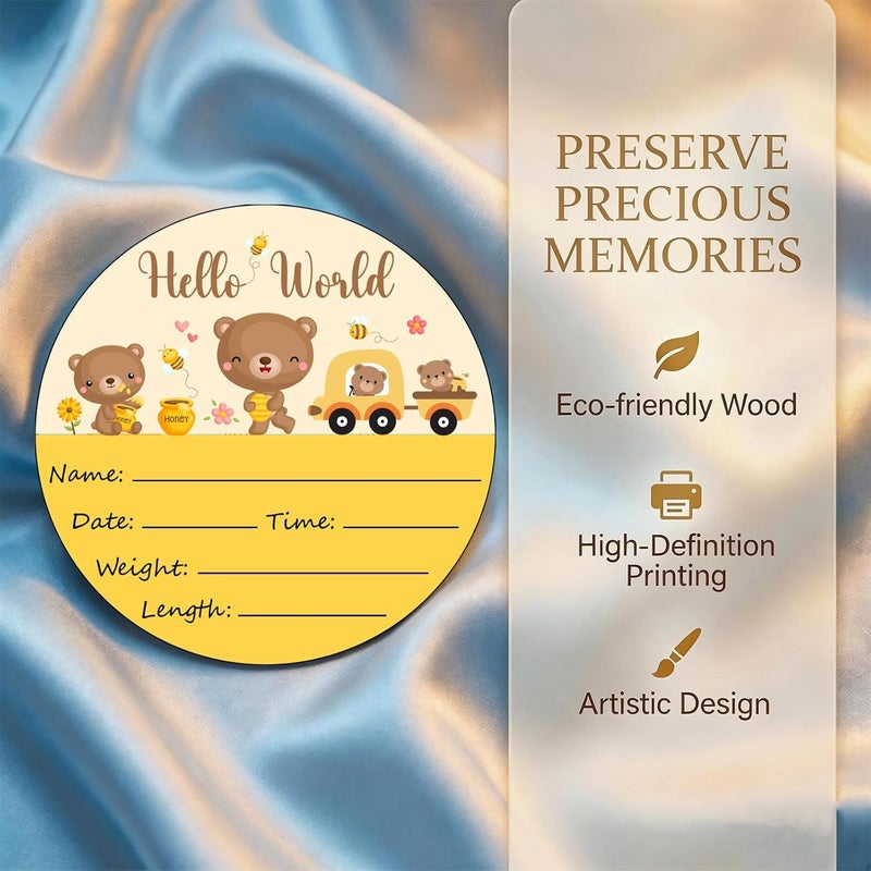 Al Raied ARS® Birth Announcement Sign Baby Name Nursery Decor Hello World - Round Wood Plaque with Bear Design - Image 3