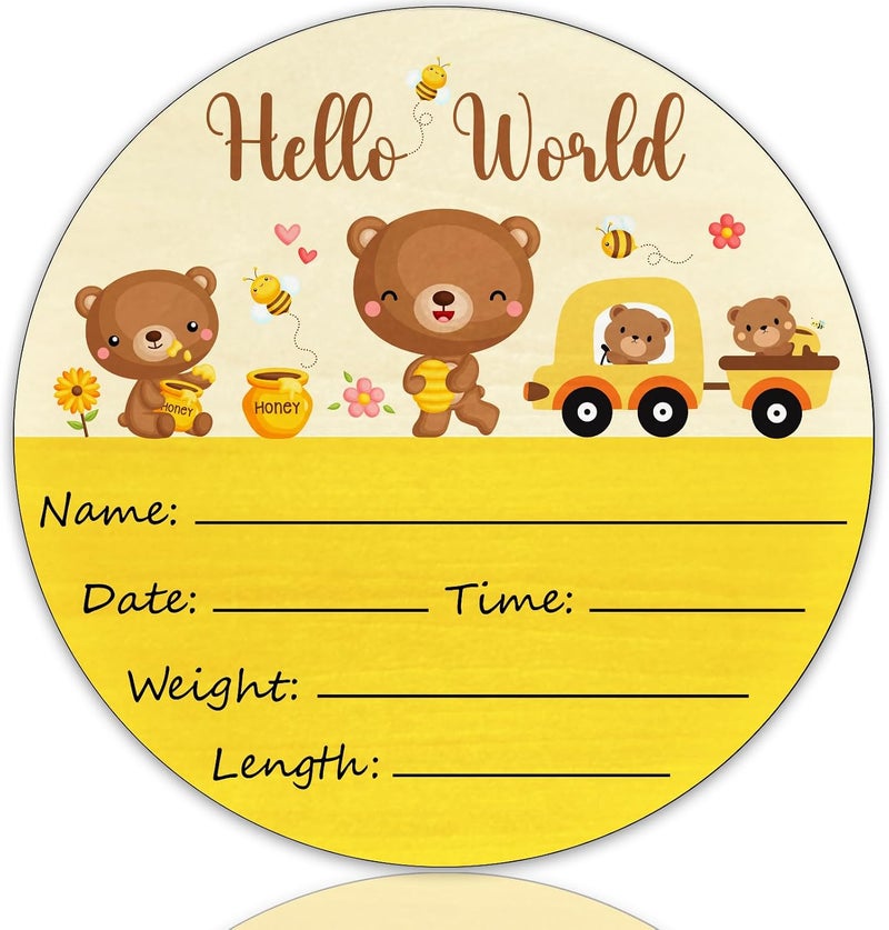 Al Raied ARS® Birth Announcement Sign Baby Name Nursery Decor Hello World - Round Wood Plaque with Bear Design - Image 1