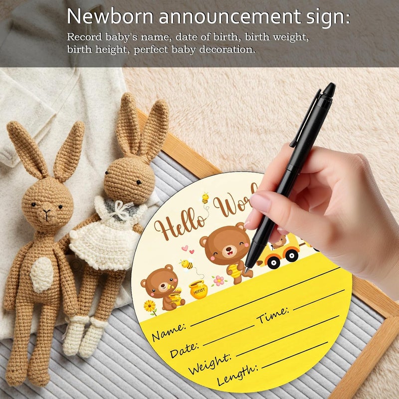 Al Raied ARS® Birth Announcement Sign Baby Name Nursery Decor Hello World - Round Wood Plaque with Bear Design - Image 4