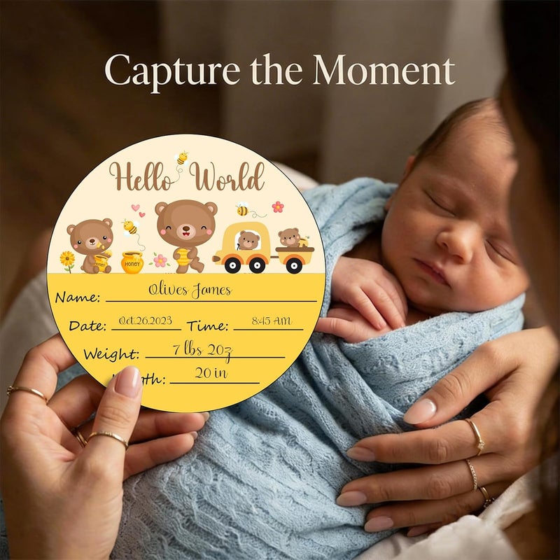 Al Raied ARS® Birth Announcement Sign Baby Name Nursery Decor Hello World - Round Wood Plaque with Bear Design - Image 2