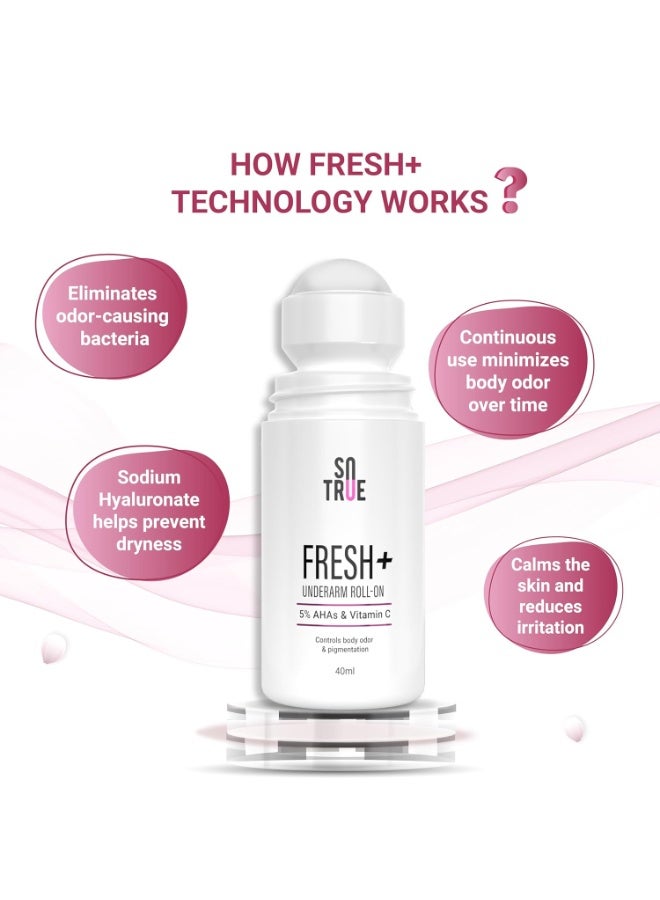 So True Sotrue Fresh+ Underarm Roll On Deodorant for Women, 5% AHA & Vitamin C, Controls Odour & Brightens Skin,, 40ml - Image 3