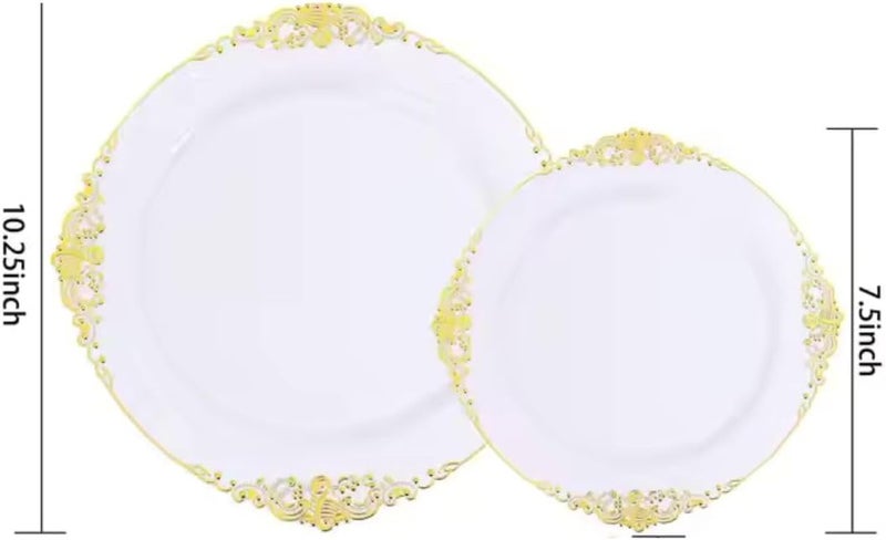 Occasion Plastic Plates Set of 50 plates 25 x 1025 Dinner  25 x 75 SaladDessert for Weddings birthday Parties and Special Events white and golden - Image 2