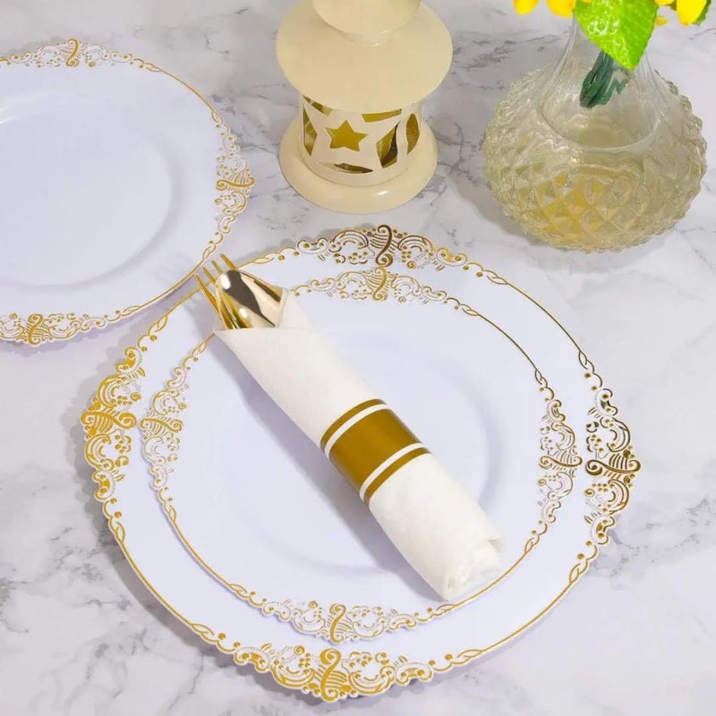 Occasion Plastic Plates Set of 50 plates 25 x 1025 Dinner  25 x 75 SaladDessert for Weddings birthday Parties and Special Events white and golden - Image 4