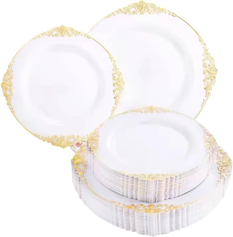 Occasion Plastic Plates Set of 50 plates 25 x 1025 Dinner  25 x 75 SaladDessert for Weddings birthday Parties and Special Events white and golden - Image 3