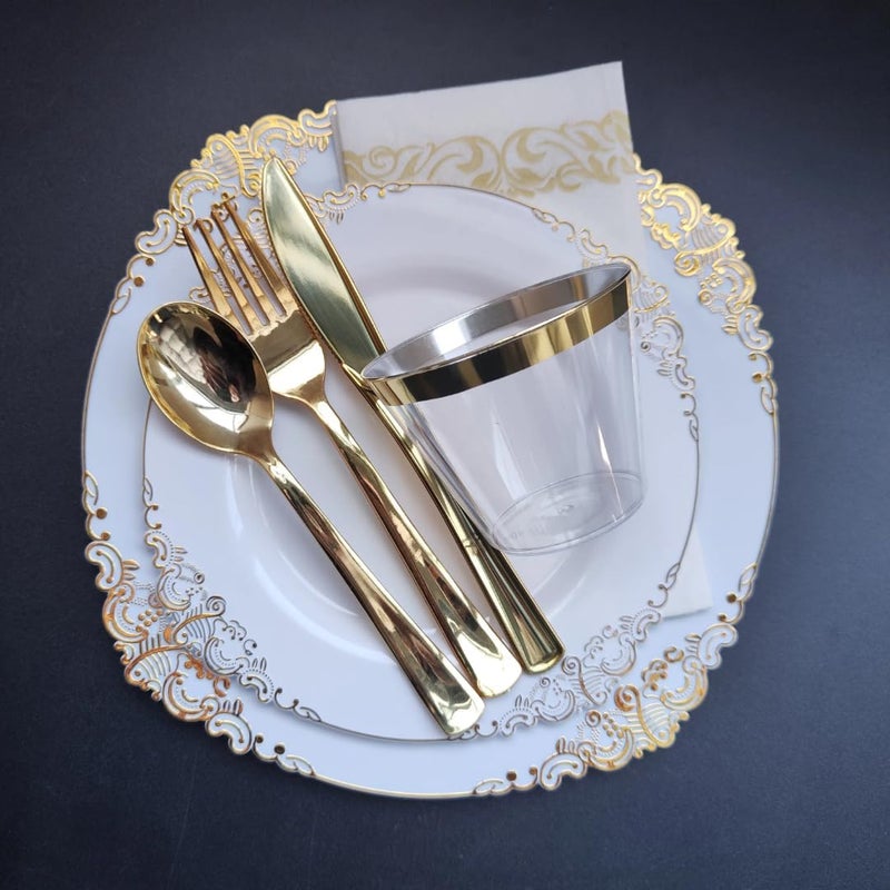 Occasion Plastic Plates Set of 50 plates 25 x 1025 Dinner  25 x 75 SaladDessert for Weddings birthday Parties and Special Events white and golden - Image 5