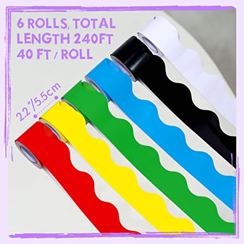 ERKE 6 Rolls Bulletin Board Borders, 240Ft Scalloped Rolled Border Trim with Wavy Line Design Yellow, Green, Red, Blue, Black, White Decoration for School, Classroom & Offices, 40Ft per Roll - Image 2