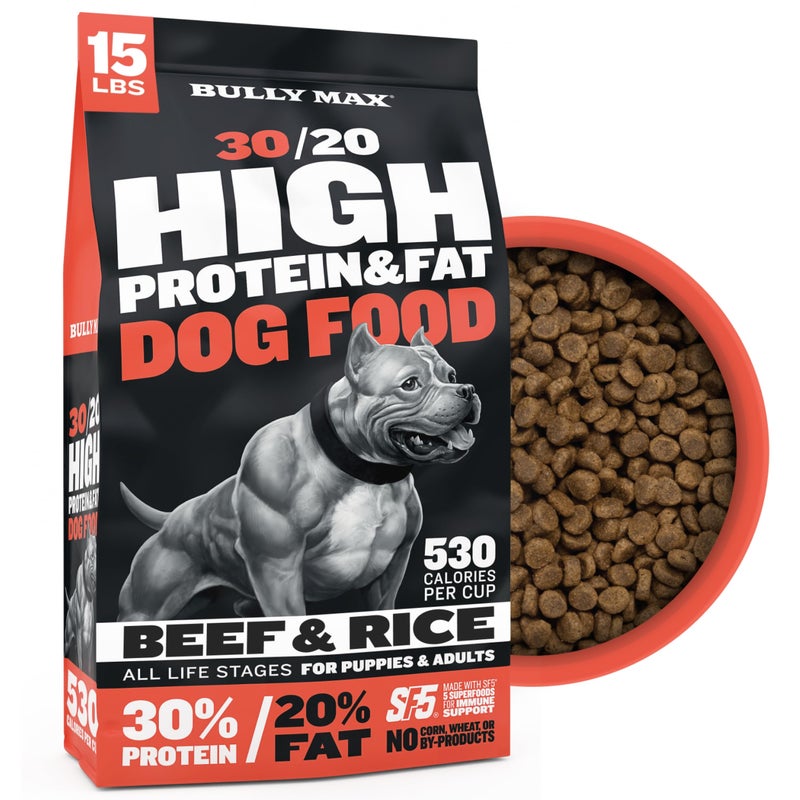 Bully Max Dry Dog Food for Adults & Puppies - High Protein & Fat for Muscle & Weight Gain - High Performance Dog Food Supplements - Small & Large Breed Dogs (530 Calories Per Cup), Beef, 15lb Bag - Image 1