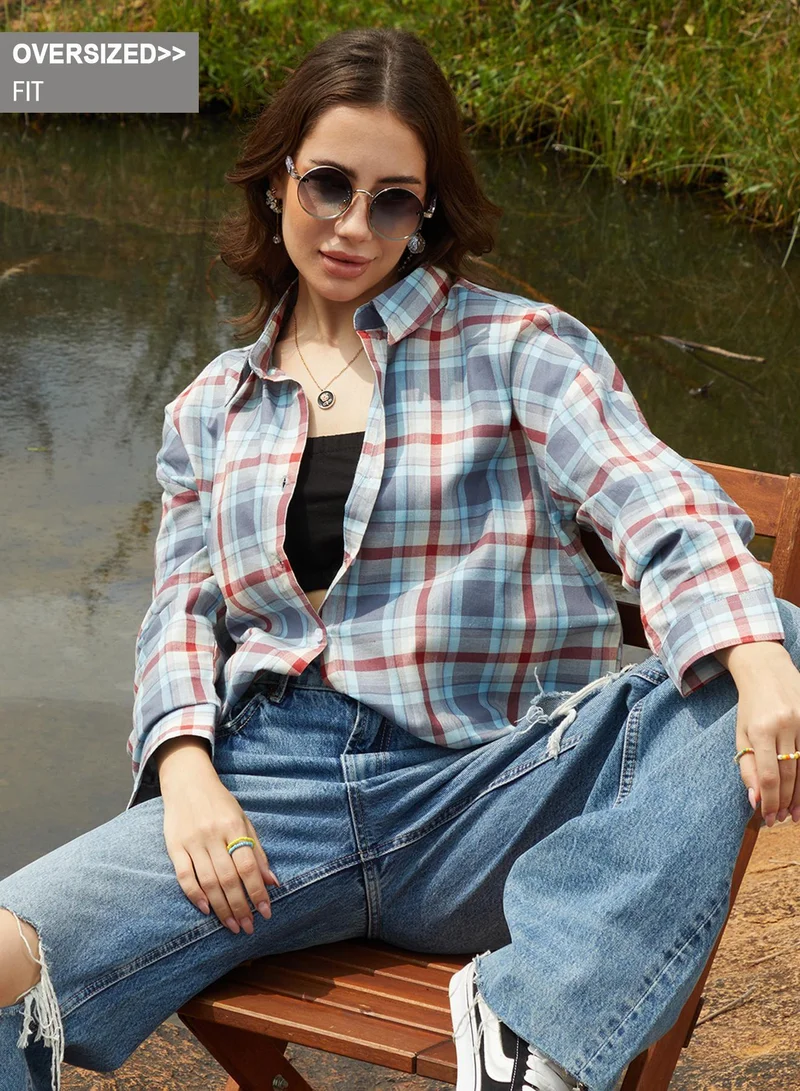 Campus Sutra Women's Icy Blue & Brick Red Tartan Plaid Oversized Shirt