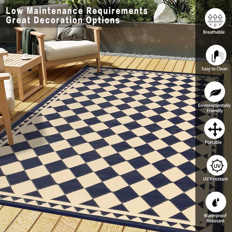 HUGEAR Outdoor Rug for Patios Clearance,Waterproof Mat,Large Outside Carpet,Reversible Plastic Straw Camping Rugs,Rv,Porch,Deck,Camper,Balcony,Backyard (5x8,Checkered/Black&Beige) - Image 3