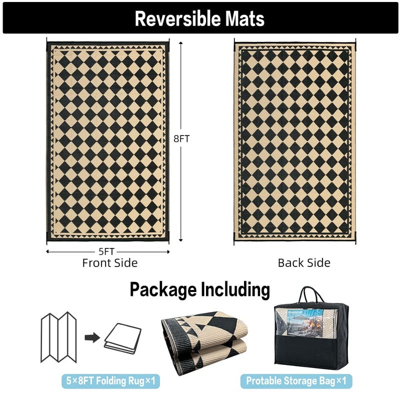 HUGEAR Outdoor Rug for Patios Clearance,Waterproof Mat,Large Outside Carpet,Reversible Plastic Straw Camping Rugs,Rv,Porch,Deck,Camper,Balcony,Backyard (5x8,Checkered/Black&Beige) - Image 2