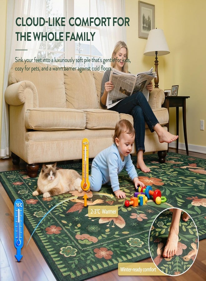 Moynesa Living Room Rug 5x7, Washable Modern Cottage Green Area Rugs for Bedroom Dining Room, Farmhouse Aesthetic Floral Bird Print Carpet, Vintage Home Decor Open Floor Areas Non-Slip Protection - Image 5