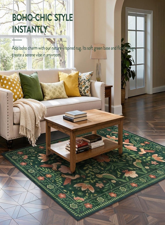 Moynesa Living Room Rug 5x7, Washable Modern Cottage Green Area Rugs for Bedroom Dining Room, Farmhouse Aesthetic Floral Bird Print Carpet, Vintage Home Decor Open Floor Areas Non-Slip Protection - Image 2