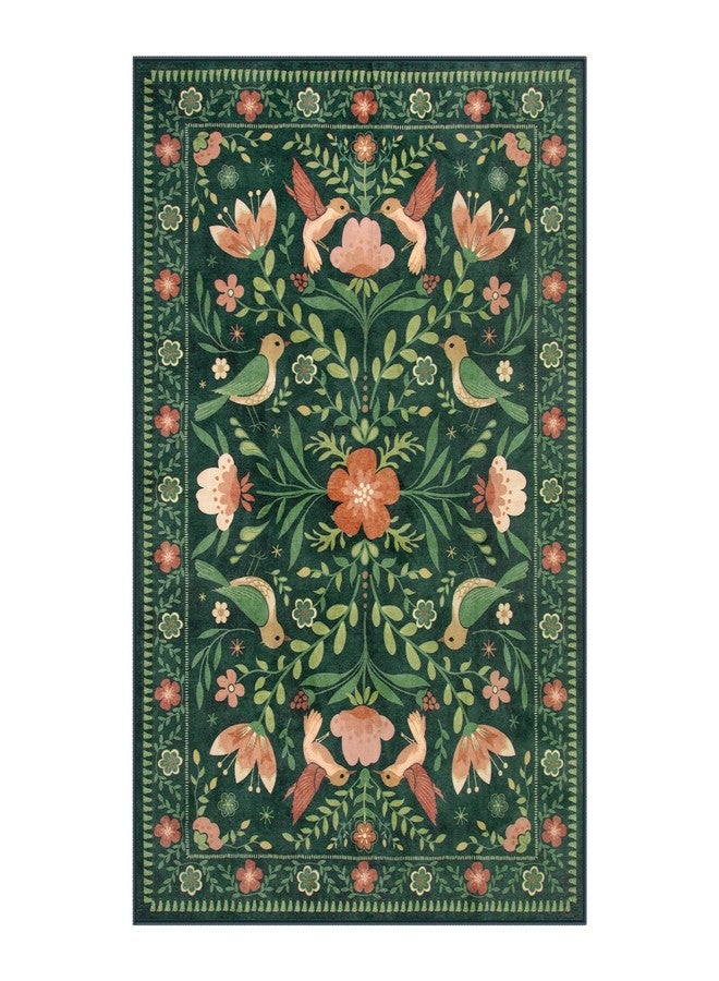 Moynesa Living Room Rug 5x7, Washable Modern Cottage Green Area Rugs for Bedroom Dining Room, Farmhouse Aesthetic Floral Bird Print Carpet, Vintage Home Decor Open Floor Areas Non-Slip Protection - Image 1