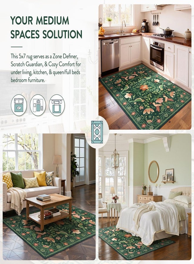 Moynesa Living Room Rug 5x7, Washable Modern Cottage Green Area Rugs for Bedroom Dining Room, Farmhouse Aesthetic Floral Bird Print Carpet, Vintage Home Decor Open Floor Areas Non-Slip Protection - Image 4