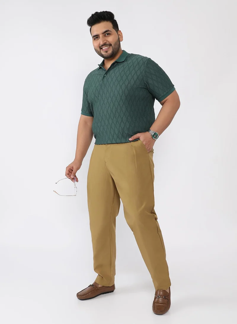 Campus Sutra Men Pleated-Textured Tailored Trousers | Mid Rise , Side-Button Adjuster | Button Closure , Straight Hem | Solid Textured | Woven Fabric For Casual & Evening Wear | Khaki Beige
