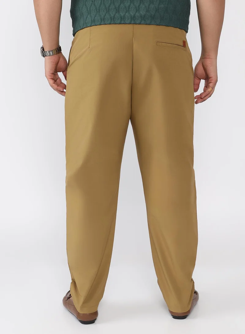 Campus Sutra Men Pleated-Textured Tailored Trousers | Mid Rise , Side-Button Adjuster | Button Closure , Straight Hem | Solid Textured | Woven Fabric For Casual & Evening Wear | Khaki Beige