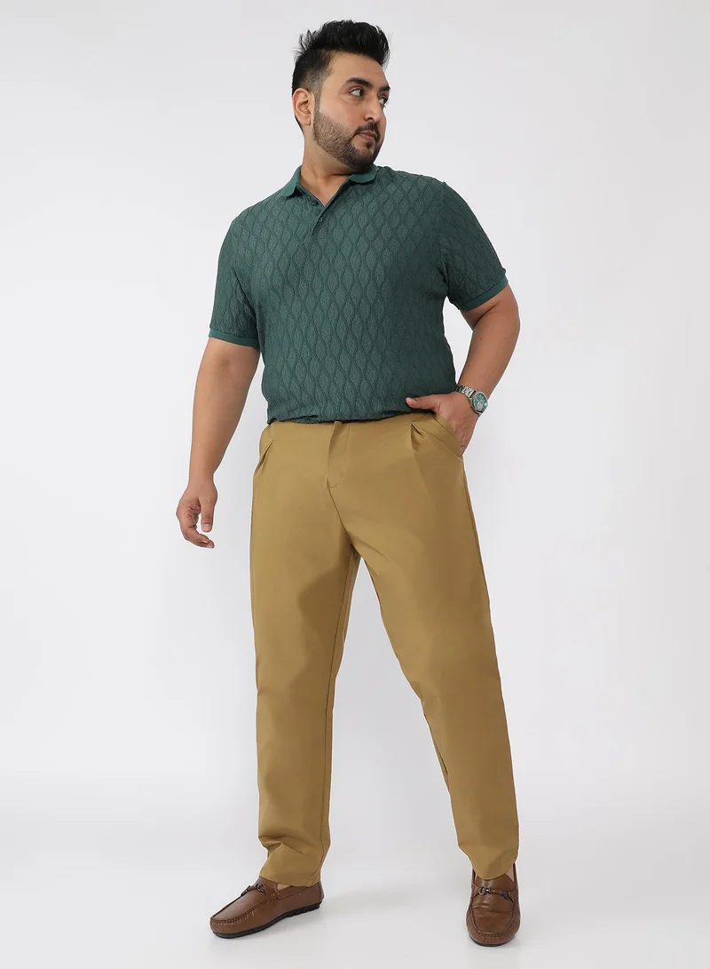 Campus Sutra Men Pleated-Textured Tailored Trousers | Mid Rise , Side-Button Adjuster | Button Closure , Straight Hem | Solid Textured | Woven Fabric For Casual & Evening Wear | Khaki Beige