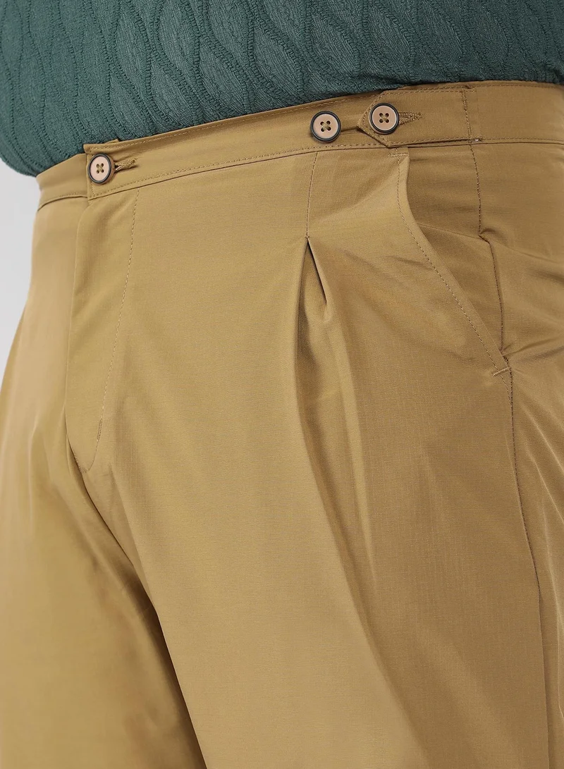 Campus Sutra Men Pleated-Textured Tailored Trousers | Mid Rise , Side-Button Adjuster | Button Closure , Straight Hem | Solid Textured | Woven Fabric For Casual & Evening Wear | Khaki Beige