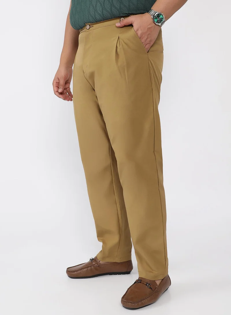 Campus Sutra Men Pleated-Textured Tailored Trousers | Mid Rise , Side-Button Adjuster | Button Closure , Straight Hem | Solid Textured | Woven Fabric For Casual & Evening Wear | Khaki Beige