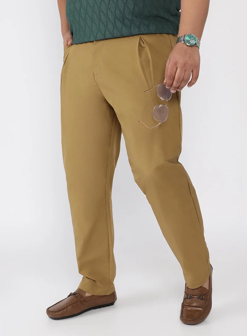 كامبوس سوترا Men Pleated-Textured Tailored Trousers | Mid Rise , Side-Button Adjuster | Button Closure , Straight Hem | Solid Textured | Woven Fabric For Casual & Evening Wear | Khaki Beige