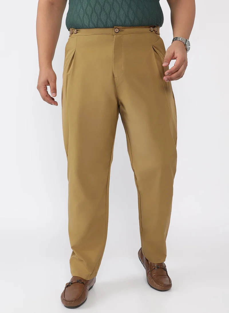 كامبوس سوترا Men Pleated-Textured Tailored Trousers | Mid Rise , Side-Button Adjuster | Button Closure , Straight Hem | Solid Textured | Woven Fabric For Casual & Evening Wear | Khaki Beige