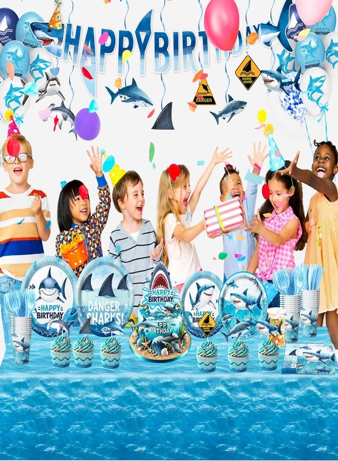 LINHAXM 157 PCS Shark Birthday Party Decorations Includes Plates, Napkins, Cups, Cutlery, Cake Toppers, Banner, Hanging Swirls, Tablecloth, Balloon for Under The Sea Party Decorations - Image 5
