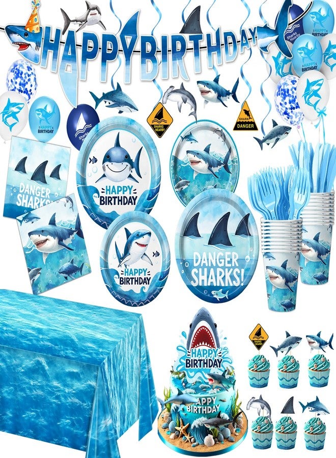 LINHAXM 157 PCS Shark Birthday Party Decorations Includes Plates, Napkins, Cups, Cutlery, Cake Toppers, Banner, Hanging Swirls, Tablecloth, Balloon for Under The Sea Party Decorations - Image 1