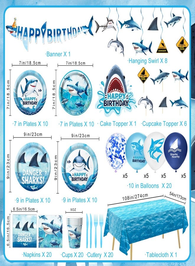 LINHAXM 157 PCS Shark Birthday Party Decorations Includes Plates, Napkins, Cups, Cutlery, Cake Toppers, Banner, Hanging Swirls, Tablecloth, Balloon for Under The Sea Party Decorations - Image 2