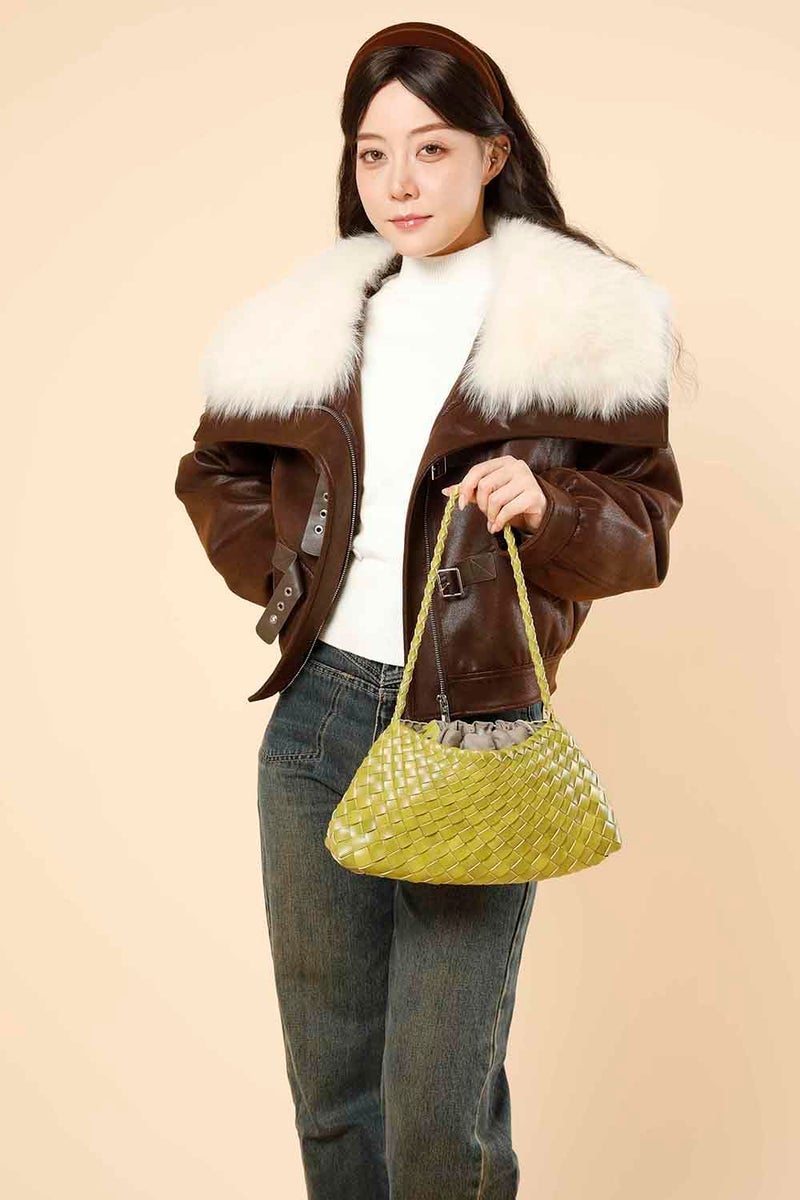 YLYYHH Leather Basket Woven Handbag, Vegan Leather Shoulder Cute Hobo Purse, Woven Underarm Bag with Purse, Yellow - Image 2
