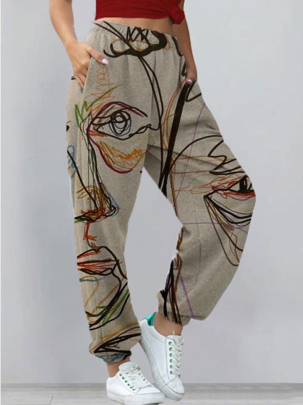 2023 Amazon Cross-border Explosions European and American Womens Casual Sports Joker Printed Sweater Womens Pants Ankle Pants Portrait 