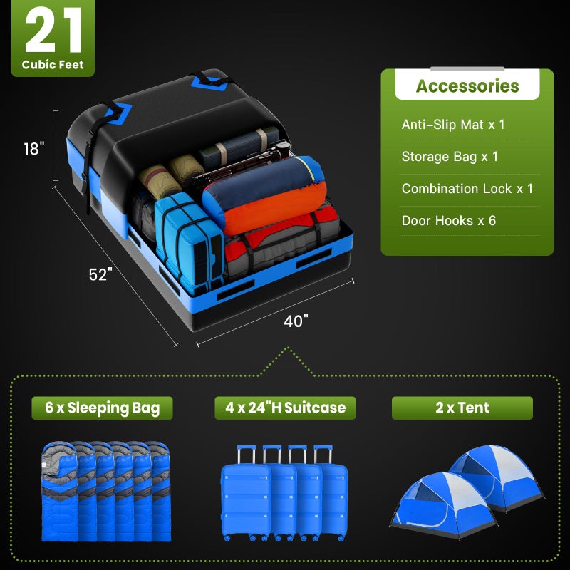 APTY 21 Cubic Feet Car Rooftop Cargo Bag Carrier, Soft Roof Top Luggage Bag for All Vechicles with/Without Racks - with Waterproof Zip, Luggage Lock, Anti-Slip Mat, Storage Bag, Door Hooks, Blue - Image 2