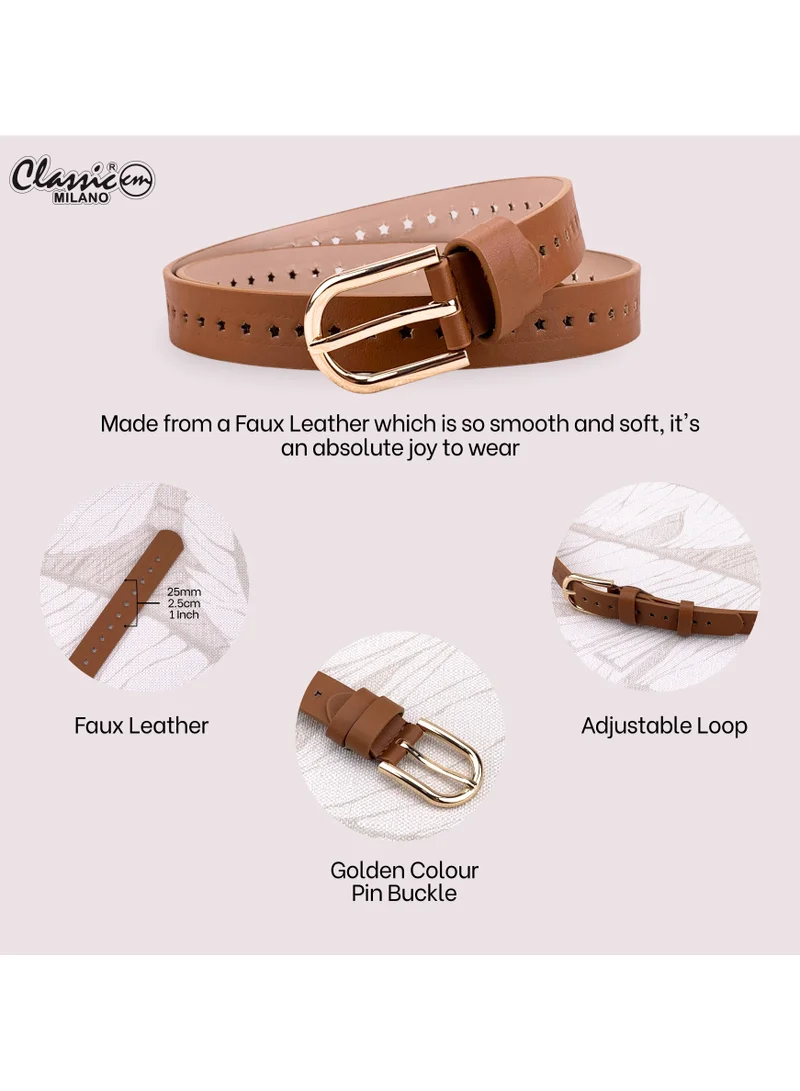 Classic Milano Tan (SGPU42) Classic Milano Women's Belt with Gift Box; Faux Leather Ladies Belt for Dresses, Jeans & Gowns; Stylish Womens Belt; Adjustable Girls Belt; Belt for Women | Full Length: 110 CM (Free Size - Fits up to the waist of 40 Inches / 100 CM) for Women | Best Price UAE