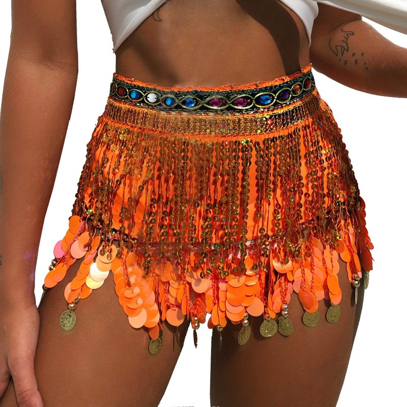 MUNAFIE Women's Belly Dance Hip Scarf Performance Outfits Skirt Festival Clothing Orange - Image 1