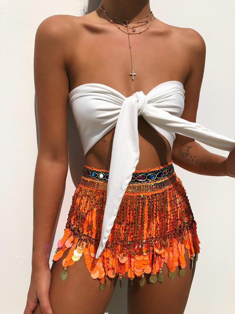 MUNAFIE Women's Belly Dance Hip Scarf Performance Outfits Skirt Festival Clothing Orange - Image 3