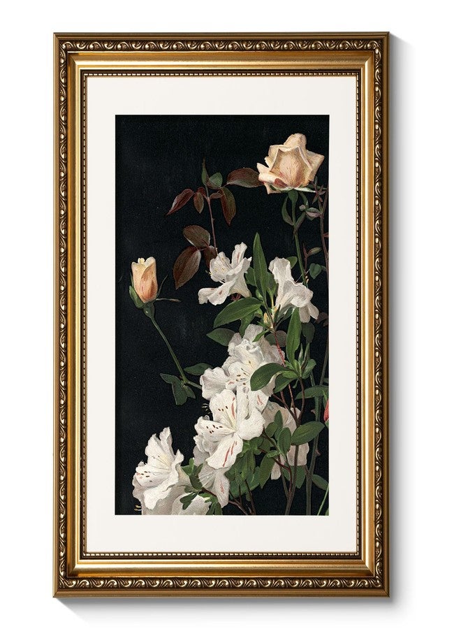 ARPEOTCY Vintage Gold Framed Floral Wall Art, 13x16 inch Classic Azaleas Roses Paintings, Victorian Wall Decor for Bathroom Living Room, Canvas Prints Antique Pictures Frame for Hoom Decor - Image 1