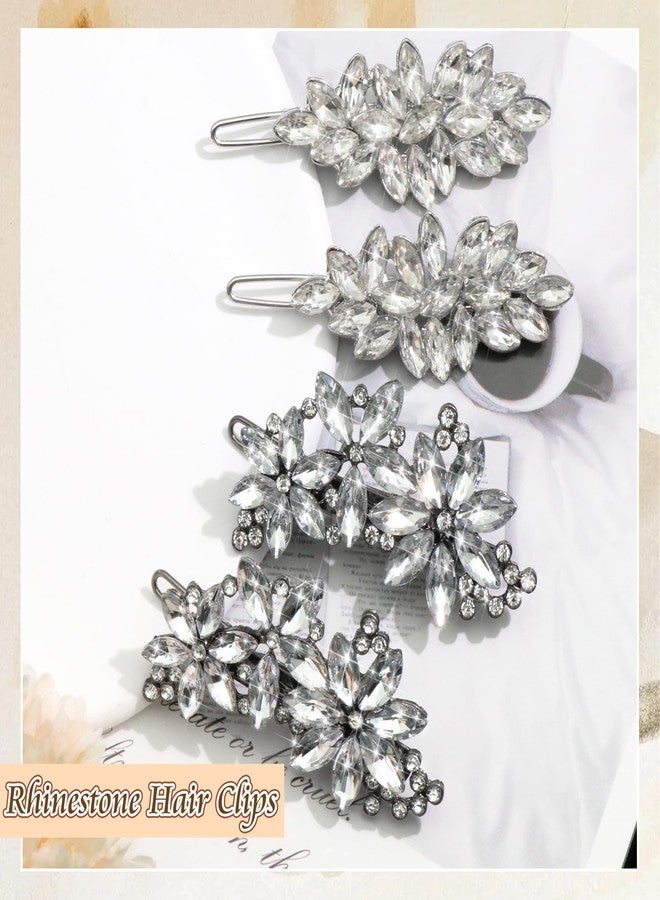 VENOFEN 4PCS Rhinestone Hair Clips Crystal Wedding Hair Pins for Women Sparkly Hair Barrettes Floral Rhinestones Bobby Pin Bridal Hair Accessories Prom Party - Image 2