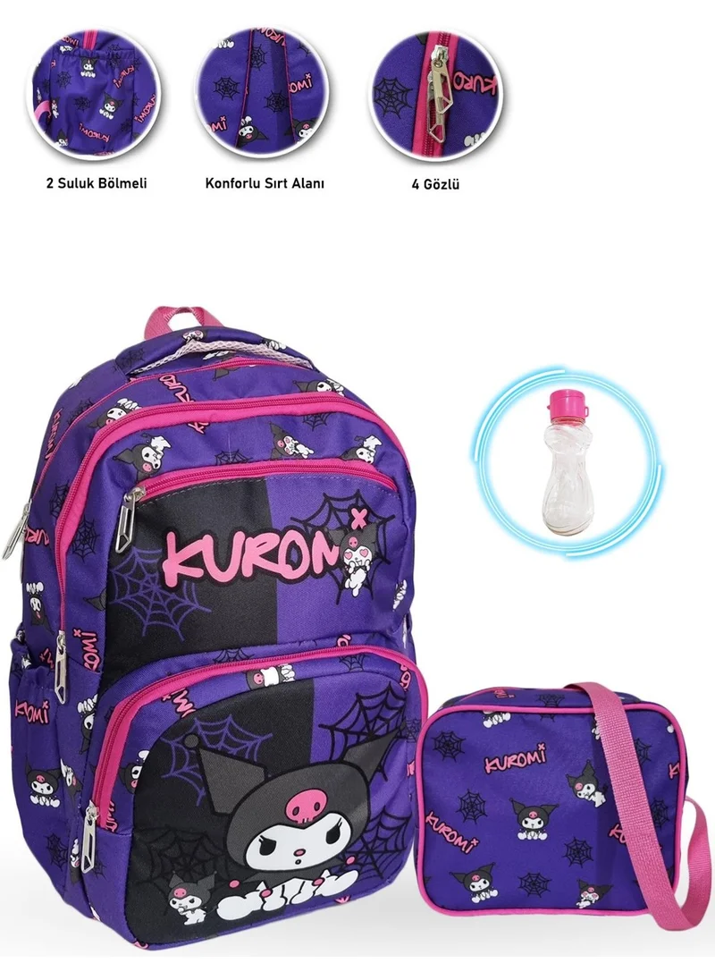 Masho Trend 4 Compartment Net Kuromi Primary School Bag + Nutrition + Water Bottle - Kuromi Primary School Girl Bag