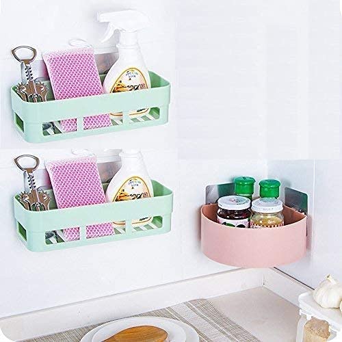 SHOPITECH Combo of 3 PCS Bathroom Shelf Rack/Kitchen Shelf/Wardrobe Shelf/Rack Plastic Wall Shelf (2 Bathroom Shelves + 1 Corner Shelf) - Image 1