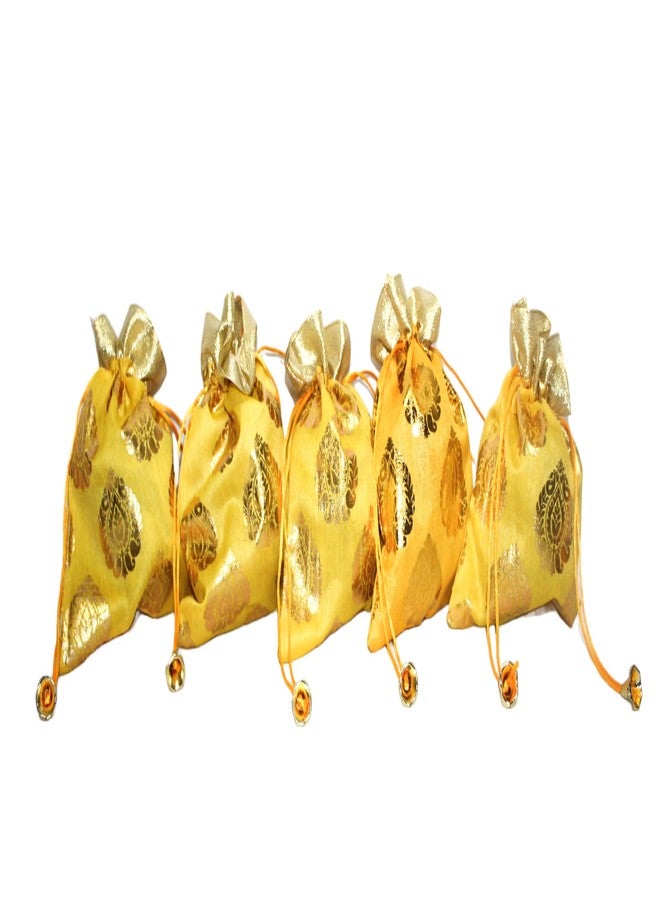 SHOPOBUDDY Designer Fabric Potli Batwa Bag Bridal Purse Women handbag Shagun Pouch Return Gifts (Yellow Color) (pack of 6) - Image 3