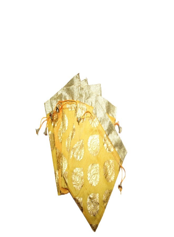 SHOPOBUDDY Designer Fabric Potli Batwa Bag Bridal Purse Women handbag Shagun Pouch Return Gifts (Yellow Color) (pack of 6) - Image 1