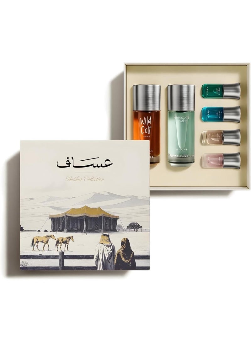 عساف مجموعة عطور آصف بخور - عطر وايلد كولت بخور 150 مل + عطر أروغيت كوميت 150 مل + 4 هدايا عطور صغيرة | مجموعة عطور بينك + بلو + أديكت + ميس آصف بخور - Image 1