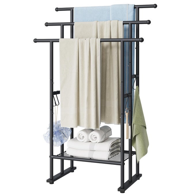 3 TIER STANDING TOWEL RACK 40 TALL TOWEL DRYING RACK OUTDOOR FREESTANDING FLOOR TOWEL RACK WITH SHELF POOL TOWEL BLANKET STAND METAL TOWEL RACKS FOR BATHROOM FREESTANDING MATTE BLACK