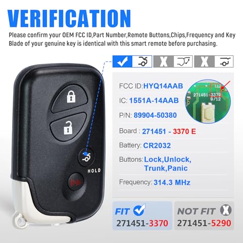 Keymall Smart Key Fob Keyless Entry Remote Replacement for Lexus ES350/GS350 /GS460 2009-2012 for IS250/IS350 2009-2013 271451-3370 E Board FCC:HYQ14FBA P/N:89904-50380 4Buttons - Image 2