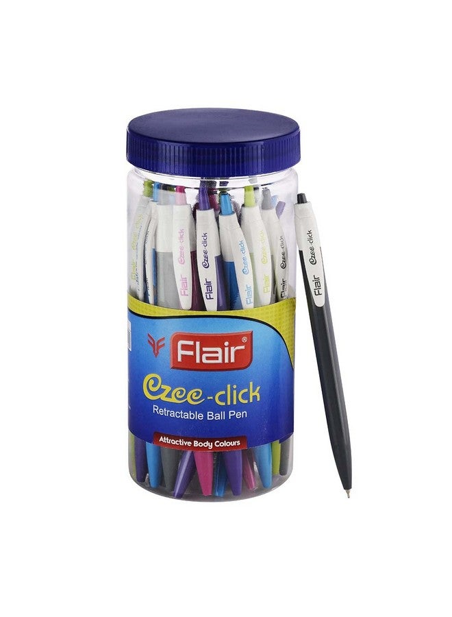 FLAIR Ezee Click 0.7 to 1 mm Ball Pen Jar Pack | Retractable Mechanism With Comfortable Grip For Smooth Writing | Different Playful Body Colors | Blue Ink, Pack of 25 Pens - Image 1