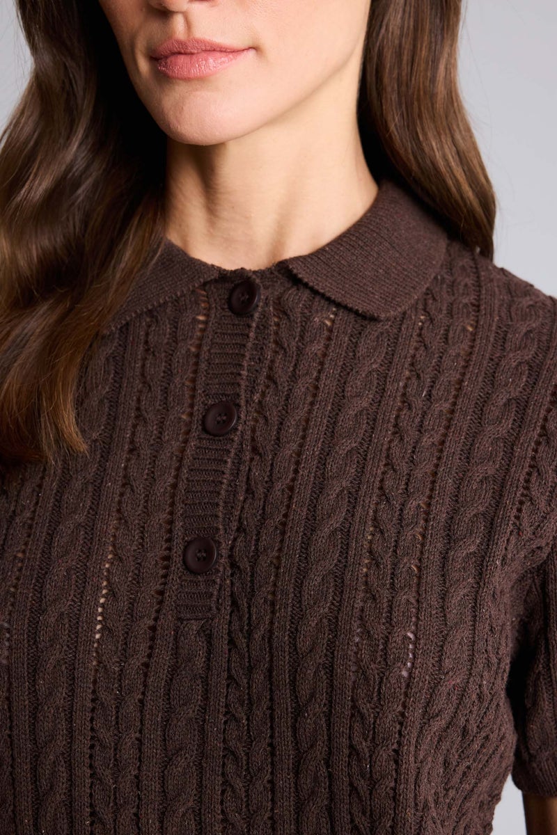 DeFacto Brown Woman Polo Neck Short Sleeve Openwork Knit Pullover Casual - Image 4