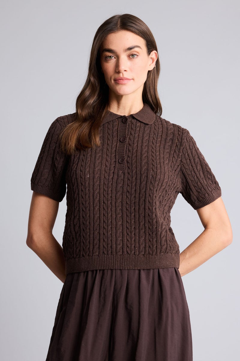 DeFacto Brown Woman Polo Neck Short Sleeve Openwork Knit Pullover Casual - Image 3