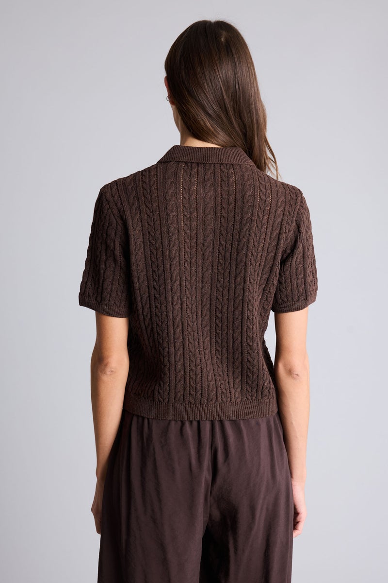 DeFacto Brown Woman Polo Neck Short Sleeve Openwork Knit Pullover Casual - Image 5